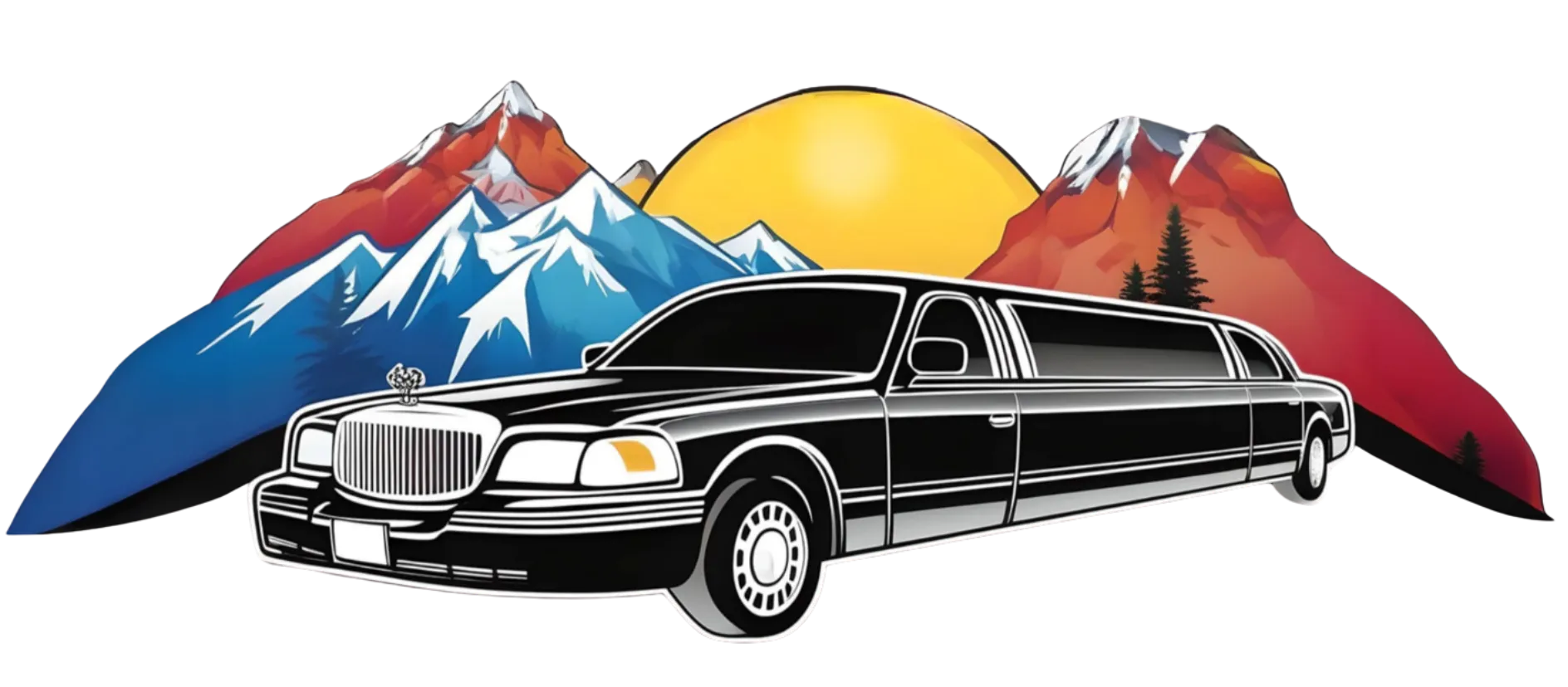 A black stretch limousine is parked in front of snow-capped mountains, red cliffs, and a large yellow sun in the background.